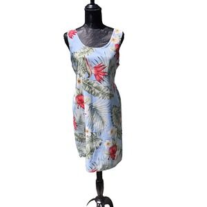 VTG Womens Looking Good Dress Med Blue Tie Back Hibiscus Midi Sundress Beach